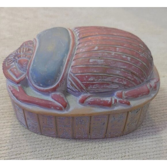 Handcrafted Egyptian-Style Scarab Trinket Box Hieroglyphic  Blue-Red Finish - Picture 6 of 12